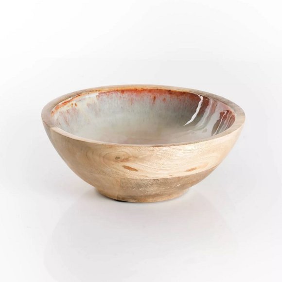 NWT Round 8" Mango Wood Bowl with Enamel Interior